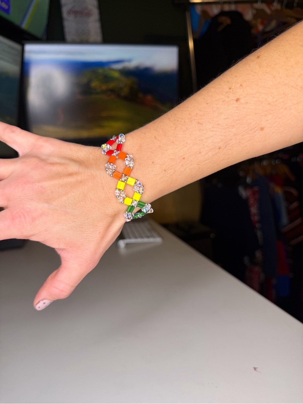 Handmade Rainbow Tila Tile Bead & Crystal Lattice Woven Link Bracelet